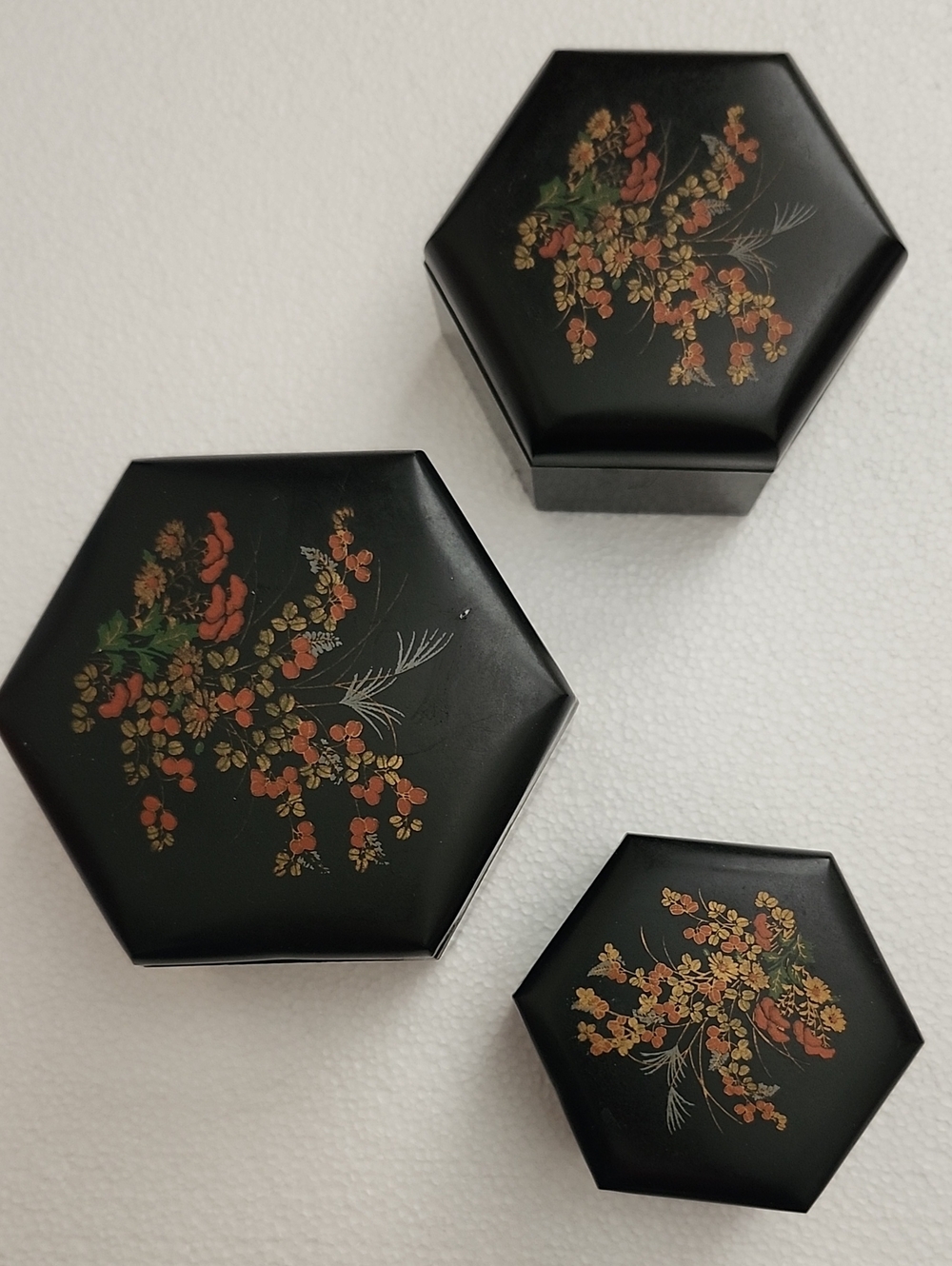 Vintage 70s Nesting Set of 3 Black Floral Hexagon Trinket Boxes, Hong Kong